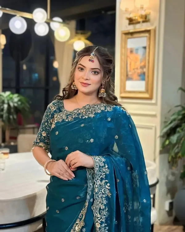 Teal_Blue_Embroidered_Saree_With_Designer_Blouse