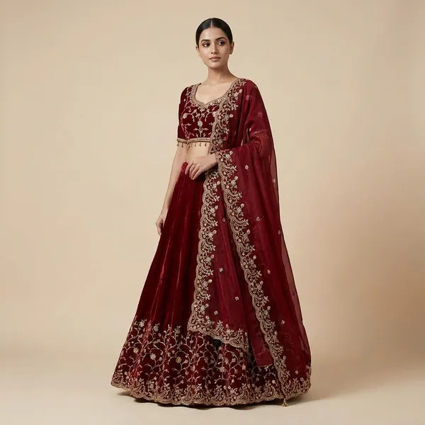 Maroon_Velvet_Embroidered_Lehenga_Choli_Set_With_Floral_Zari_Work