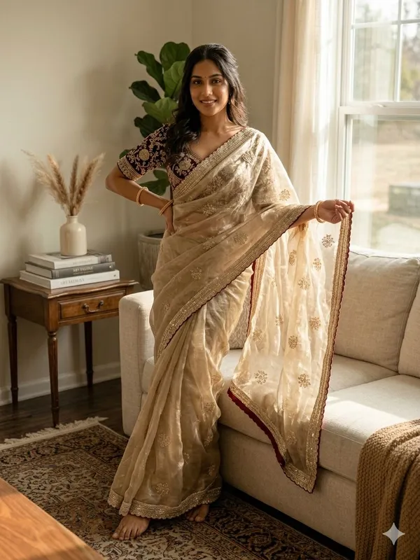 Elegant_Cream_Silk_Saree_With_Embroidered_Maroon_Velvet_Blouse
