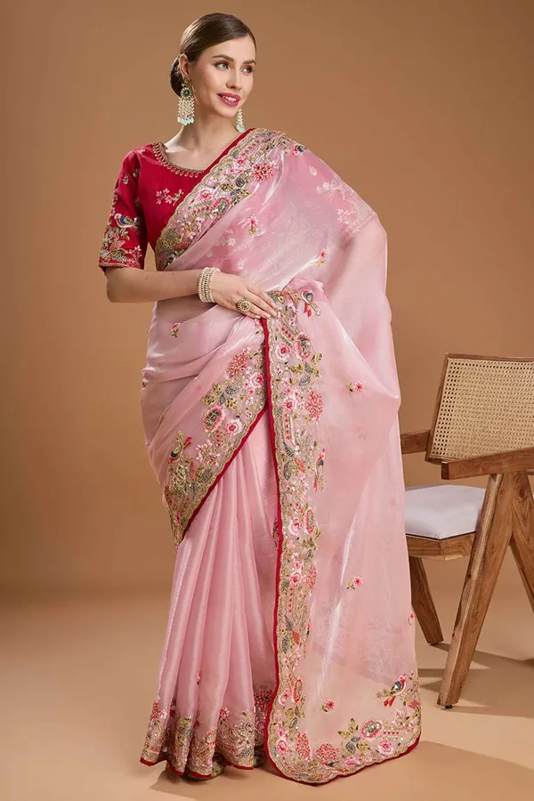 Pink_Organza_Embroidered_Saree_With_Red_Embroidered_Blouse