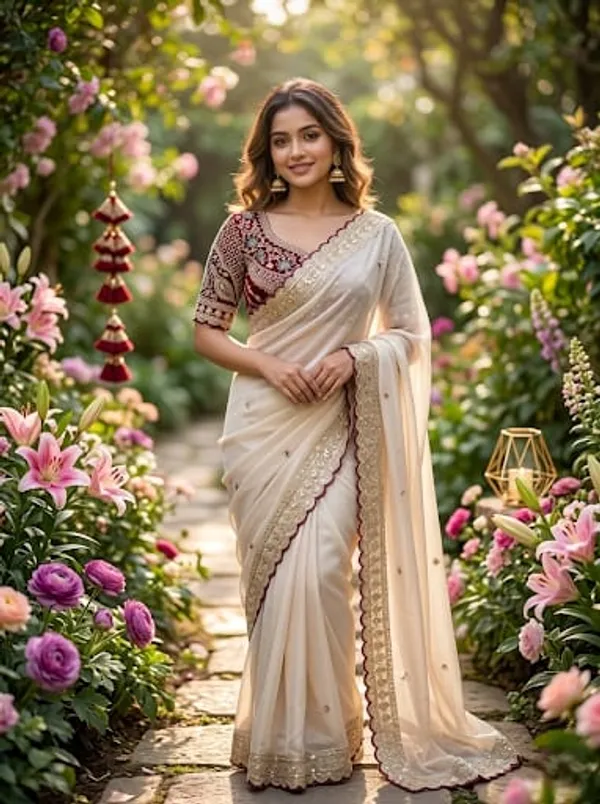Elegant_Cream_Saree_With_Maroon_Embroidered_Blouse