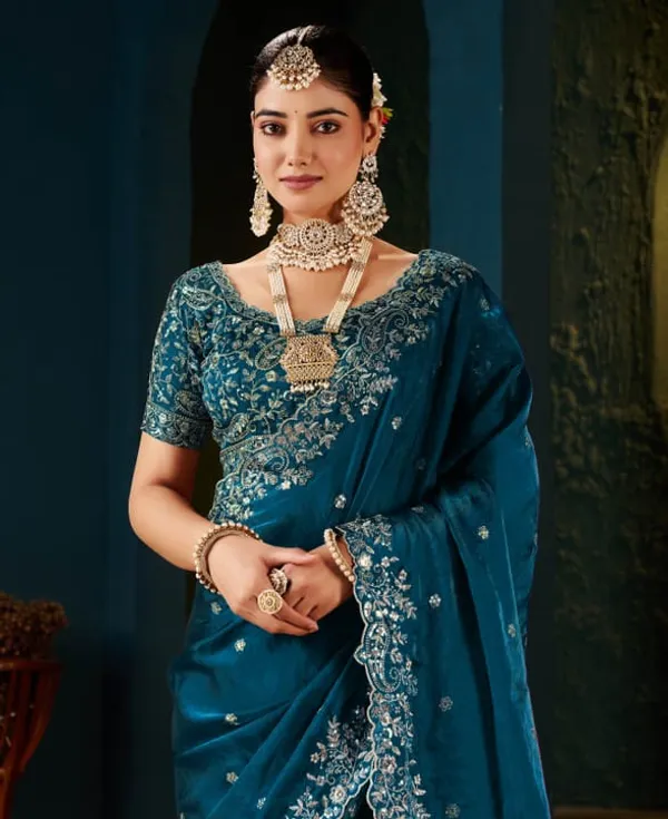 Teal_Blue_Embroidered_Saree_With_Designer_Blouse