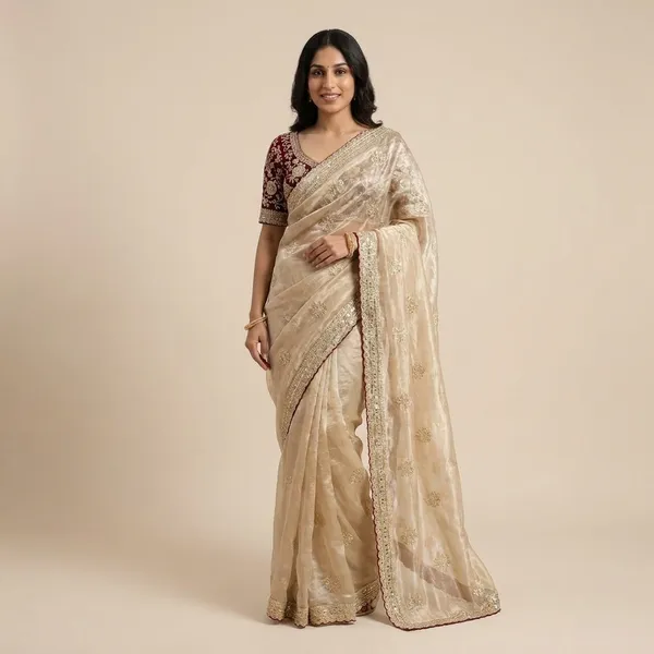 Elegant_Cream_Silk_Saree_With_Embroidered_Maroon_Velvet_Blouse