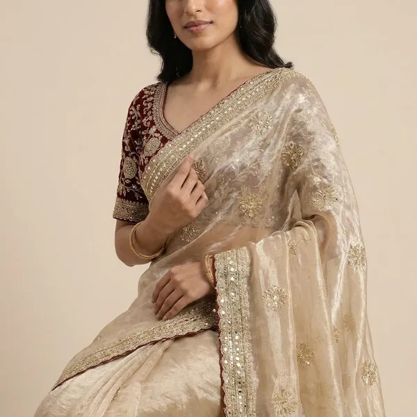 Elegant_Cream_Silk_Saree_With_Embroidered_Maroon_Velvet_Blouse
