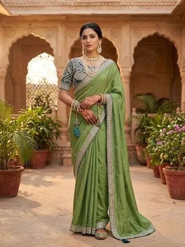 Green_Embroidered_Saree_With_Heavily_Embellished_Blouse