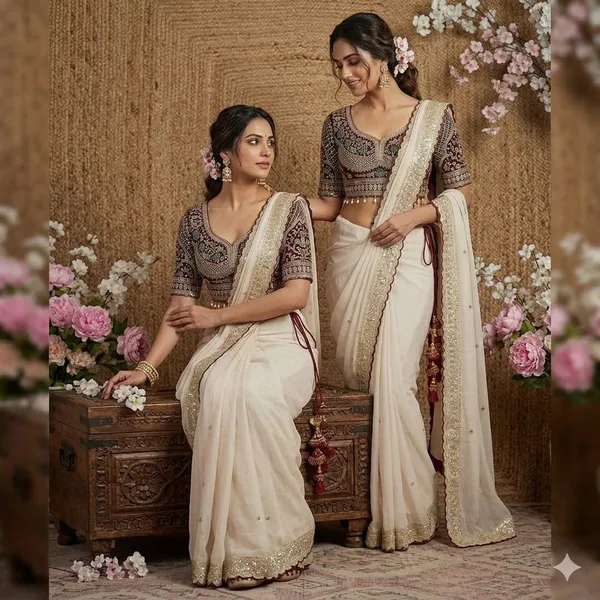 Elegant_Offwhite_Saree_With_Embroidered_Border_And_Contrast_Blouse