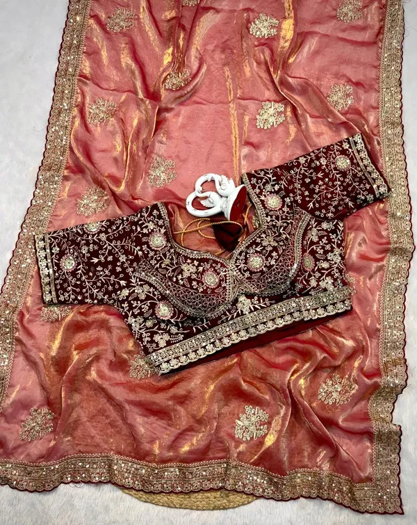 Peach_Embroidered_Organza_Silk_Saree_With_Maroon_Velvet_Embellished_Blouse