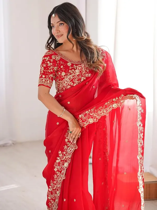 Red_Embroidered_Saree_With_Golden_Embellished_Blouse