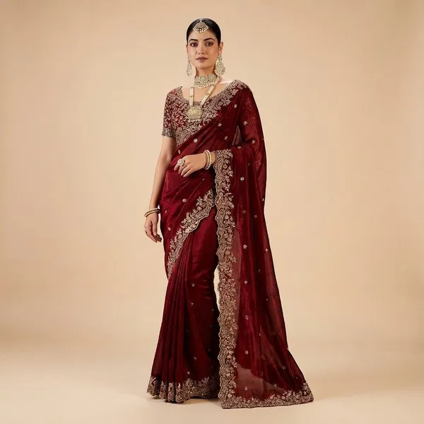 Maroon_Velvet_Embroidered_Saree_With_Heavy_Zari_Work_And_Designer_Blouse