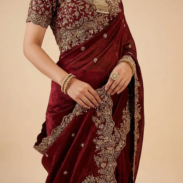 Maroon_Velvet_Embroidered_Saree_With_Heavy_Zari_Work_And_Designer_Blouse