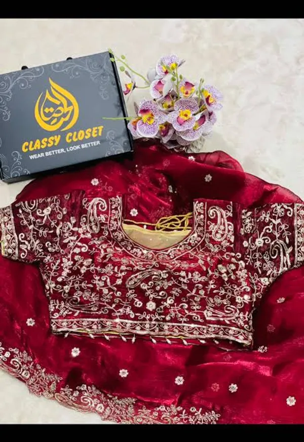 Red_Embellished_Saree_With_Golden_Embroidery_And_Sheer_Sleeves