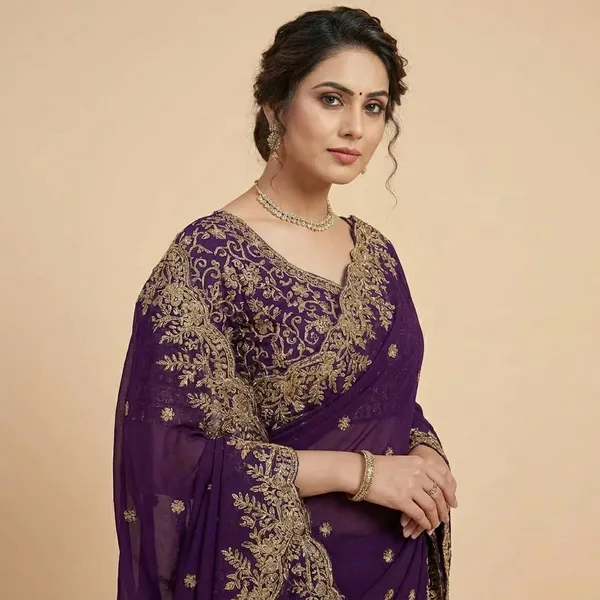 Purple_Embroidered_Saree_With_Golden_Zari_Work_And_Matching_Blouse