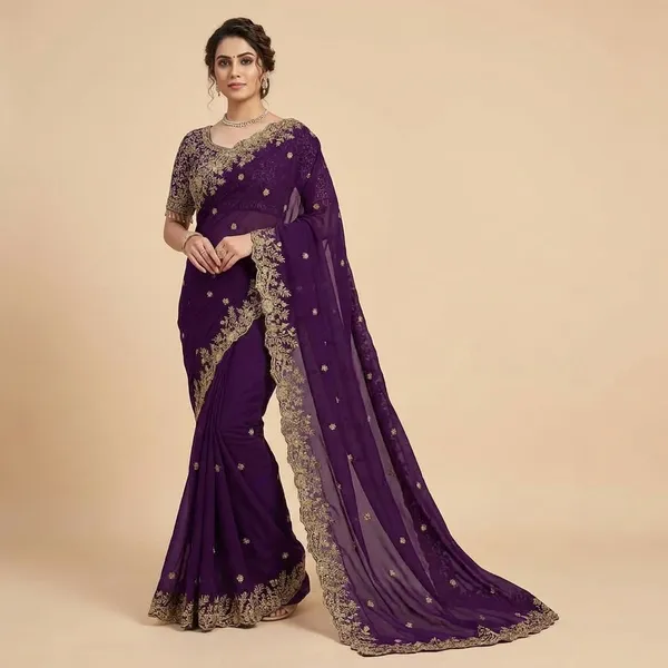 Purple_Embroidered_Saree_With_Golden_Zari_Work_And_Matching_Blouse