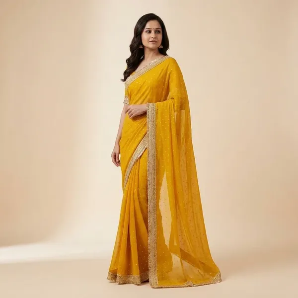 Yellow_Georgette_Saree_With_Embroidered_Border_And_Blouse
