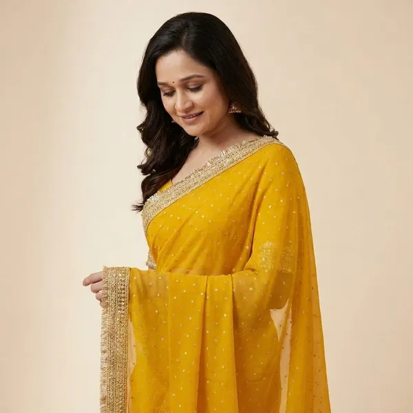 Yellow_Georgette_Saree_With_Embroidered_Border_And_Blouse