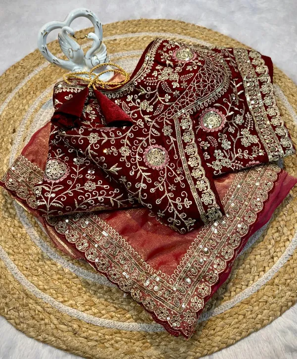Peach_Embroidered_Organza_Silk_Saree_With_Maroon_Velvet_Embellished_Blouse