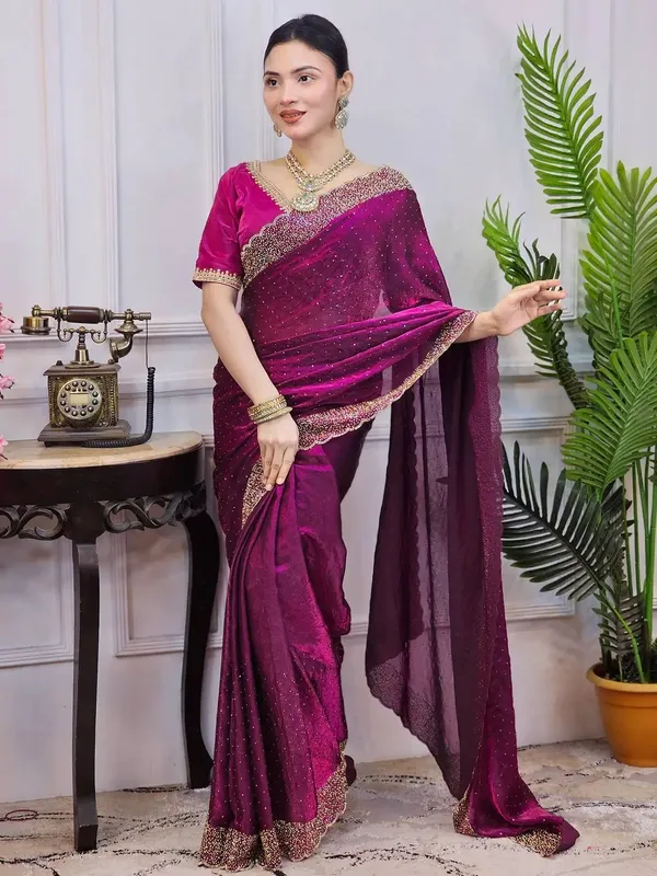 Magenta_Embellished_Saree_With_Embroidered_Border_And_Matching_Blouse