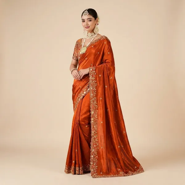 Traditional_Red_Silk_Saree_With_Embroidered_Blouse_And_Gold_Jewelry_Set