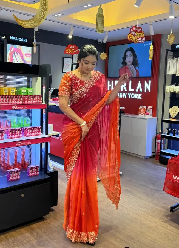 Red_And_Orange_Ombre_Embroidered_Saree_With_Blouse