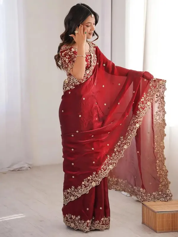 Maroon_Embroidered_Net_Saree_With_Golden_Border_And_Blouse