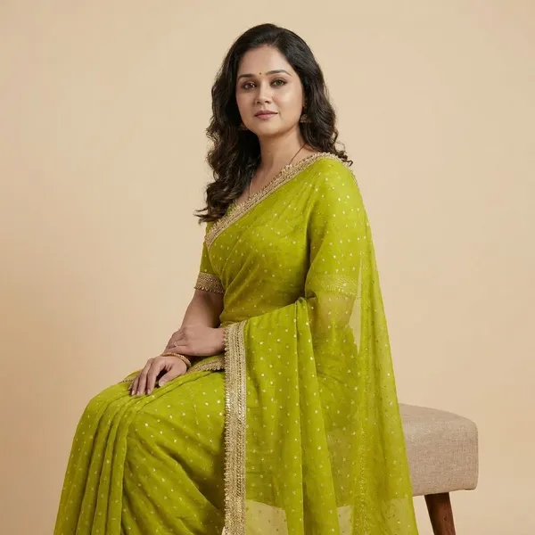 Lime_Green_Silk_Saree_With_Golden_Border_And_Butti_Work