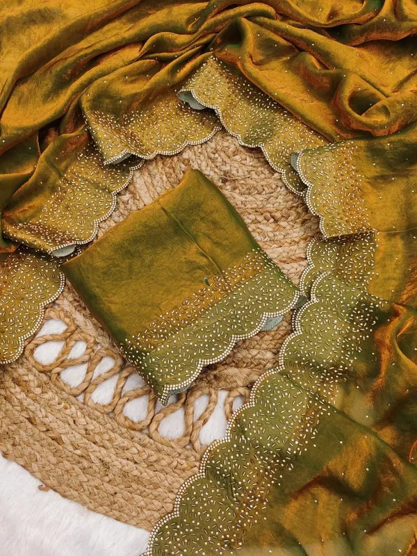 Olive_Green_Embellished_Silk_Saree_With_Beige_Blouse_Piece