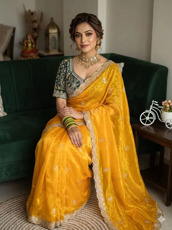 Yellow_Organza_Silk_Saree_With_Embroidered_Blouse_And_Golden_Border