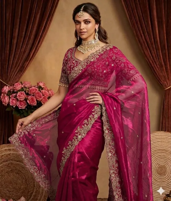 Pink_Embroidered_Silk_Saree_With_Heavy_Blouse_And_Pearl_Necklace
