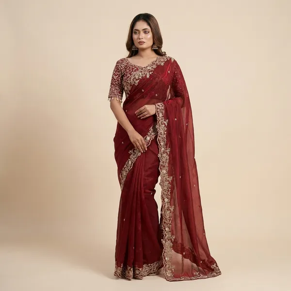 Maroon_Embellished_Saree_With_Heavy_Embroidered_Blouse