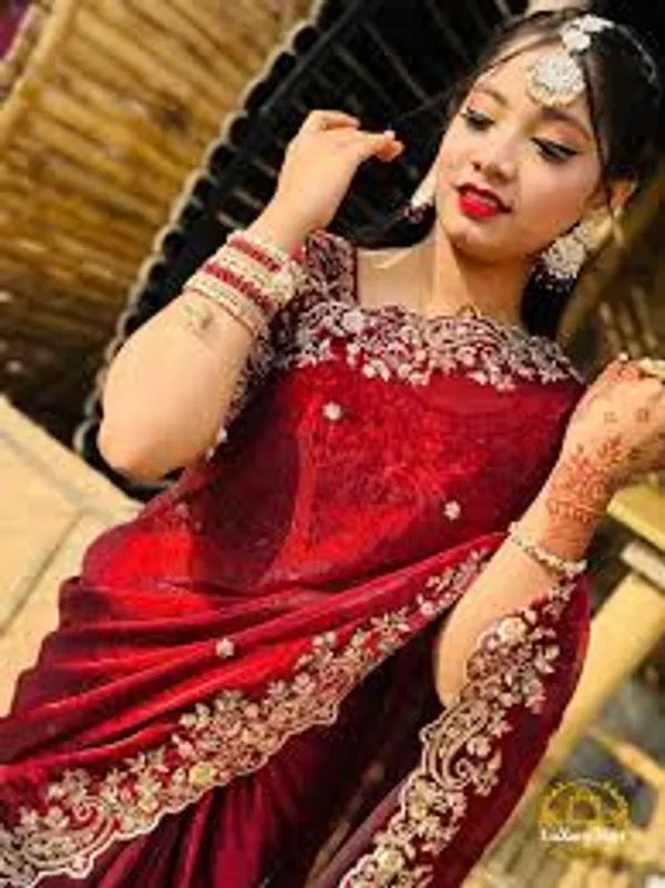Red_Embellished_Saree_With_Golden_Embroidery_And_Sheer_Sleeves
