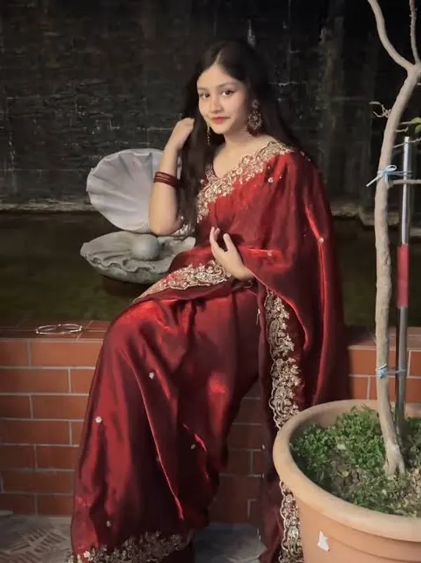 Maroon_Velvet_Embroidered_Saree_With_Heavy_Zari_Work_And_Designer_Blouse