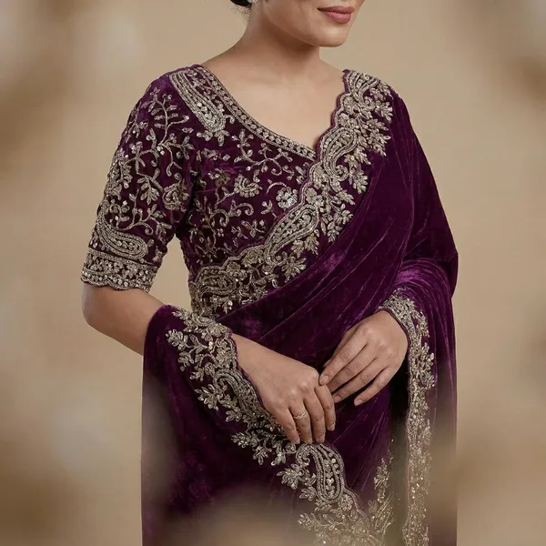 Purple_Embroidered_Silk_Saree_With_Heavy_Border_Work_And_Blouse