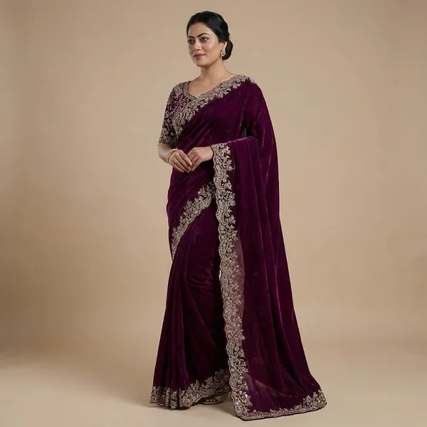 Purple_Embroidered_Silk_Saree_With_Heavy_Border_Work_And_Blouse