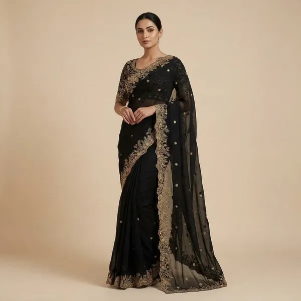 Black_Saree_With_Golden_Embroidered_Border_And_Blouse