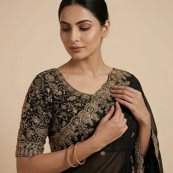 Black_Saree_With_Golden_Embroidered_Border_And_Blouse