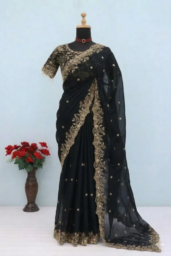 Black_Saree_With_Golden_Embroidered_Border_And_Blouse