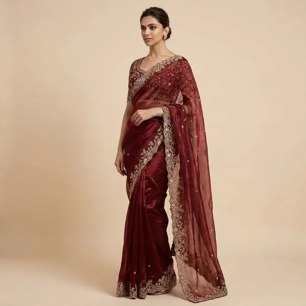 Maroon_Embellished_Organza_Saree_With_Heavy_Border_And_Blouse_Piece