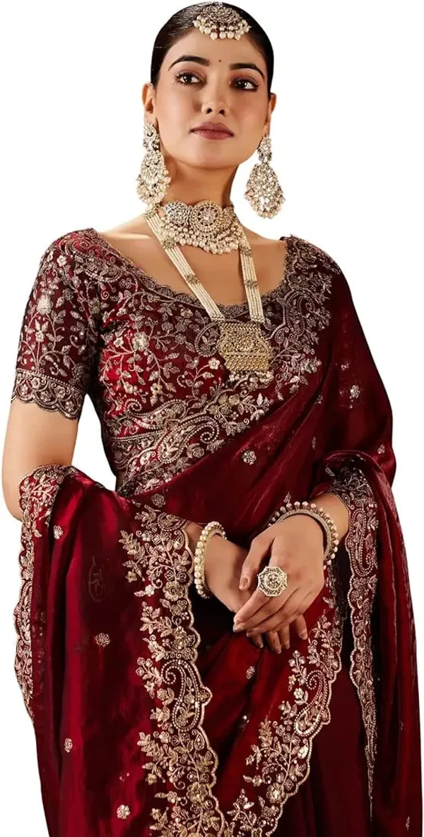 Maroon_Velvet_Embroidered_Saree_With_Heavy_Zari_Work_And_Designer_Blouse