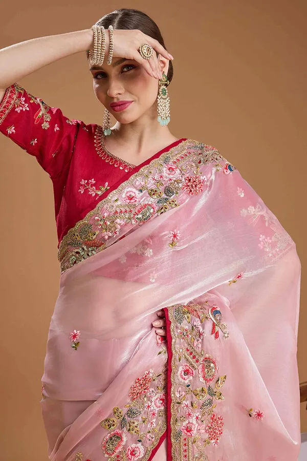 Pink_Organza_Embroidered_Saree_With_Red_Embroidered_Blouse