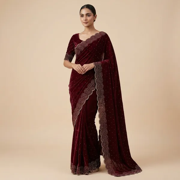 Maroon_Embellished_Georgette_Saree_With_Beige_Cutwork_Blouse