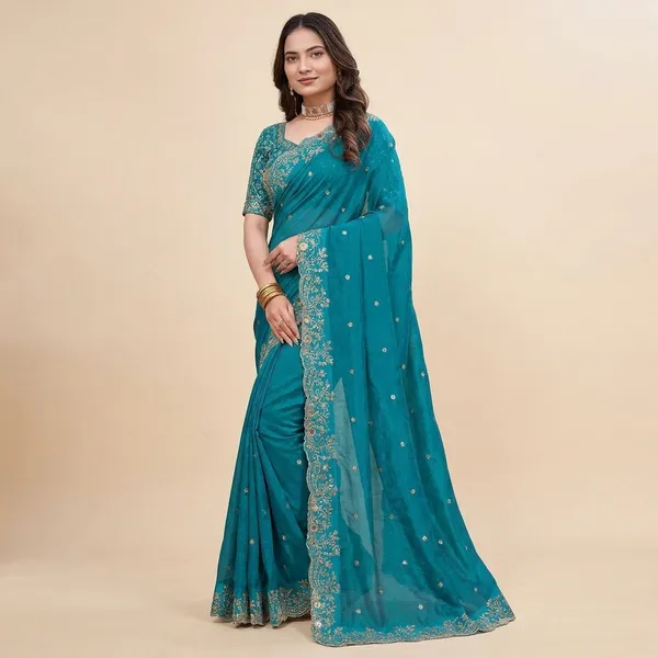 Turquoise_Embroidered_Saree_With_Blouse