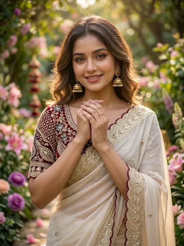 Elegant_Cream_Saree_With_Maroon_Embroidered_Blouse
