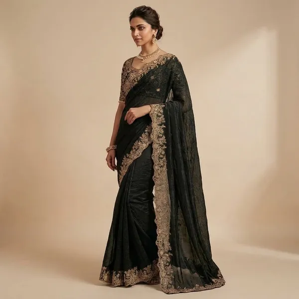 Black_Embroidered_Saree_With_Heavy_Border_And_Blouse