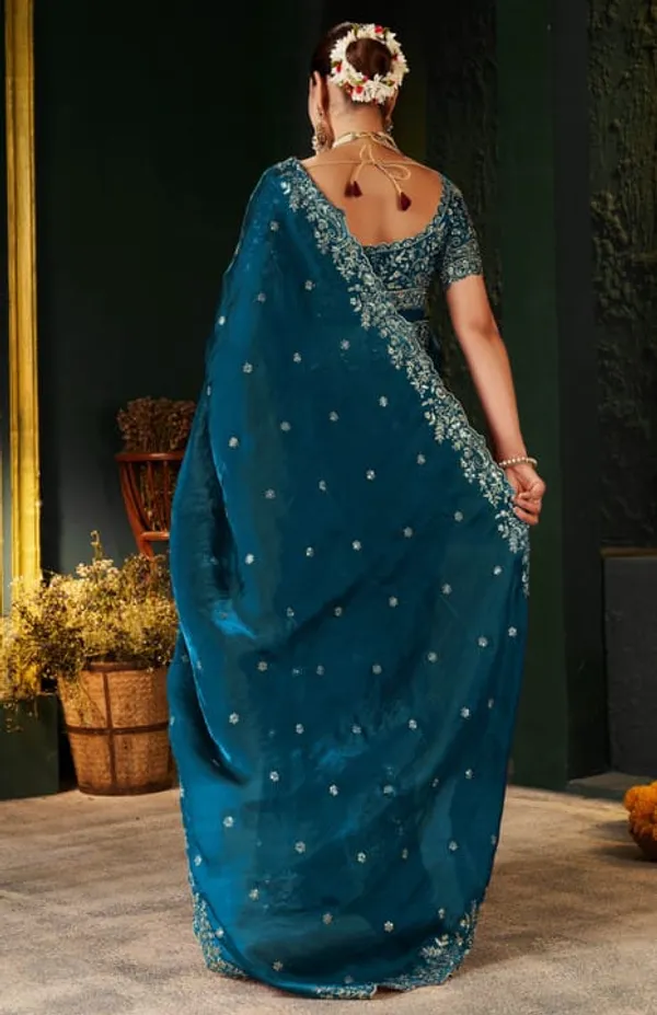 Teal_Blue_Embroidered_Saree_With_Designer_Blouse