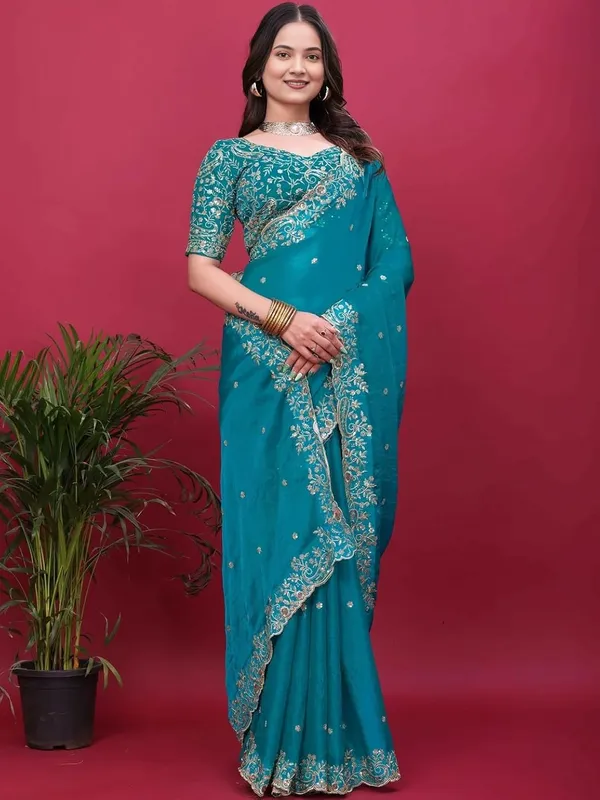 Turquoise_Embroidered_Saree_With_Blouse
