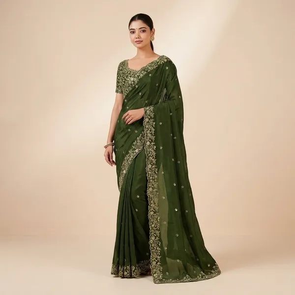 Elegant_Green_Embroidered_Saree_With_Designer_Blouse_And_Traditional_Gold_Jewelry_Set