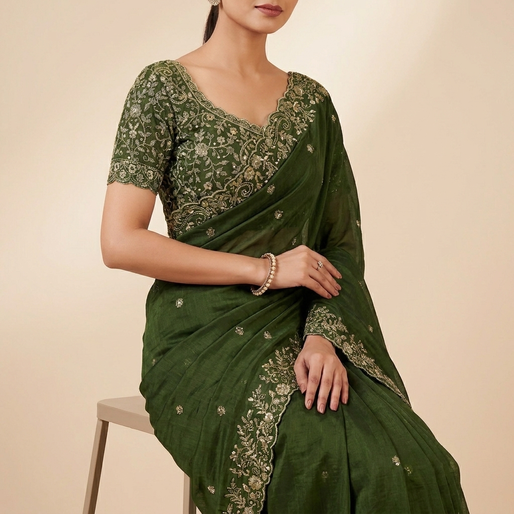 Elegant_Green_Embroidered_Saree_With_Designer_Blouse_And_Traditional_Gold_Jewelry_Set