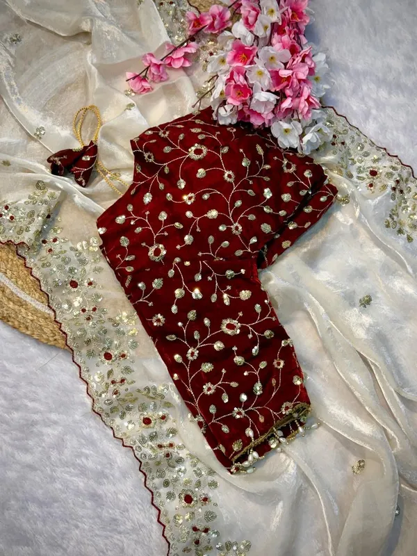White_Organza_Saree_With_Sequin_Border_And_Maroon_Embroidered_Blouse