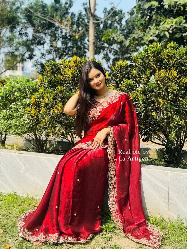 Maroon_Embroidered_Silk_Saree_With_Golden_Border_And_Blouse