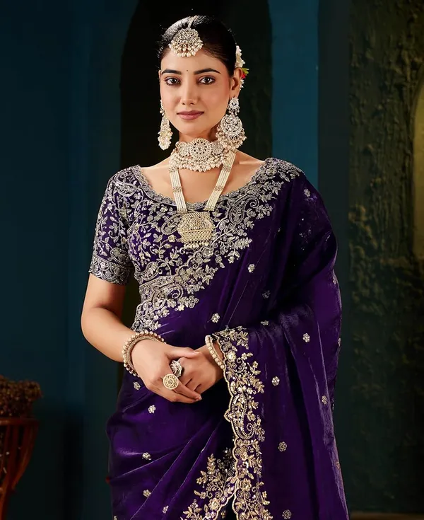 Elegant_Purple_Velvet_Saree_With_Silver_Embroidery_Work
